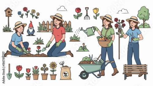 Gardening activities with women planting flowers and vegetables.