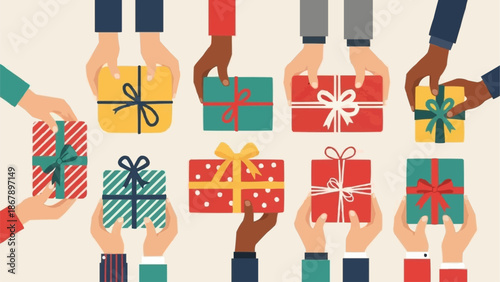 Diverse hands holding colorful gift boxes with ribbons and bows.