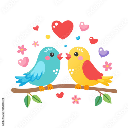 Two colorful lovebirds perched on a branch, with hearts floating around them, symbolizing love and affection in a charming illustration.

