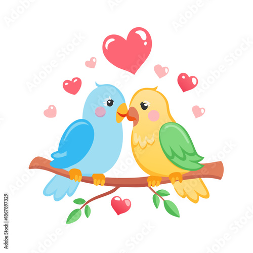 Two colorful lovebirds perched on a branch, with hearts floating around them, symbolizing love and affection in a charming illustration.
