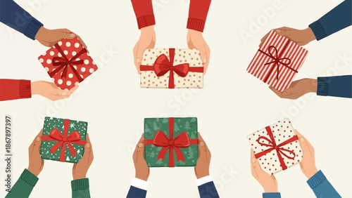 Hands holding wrapped gift boxes with ribbons and bows.