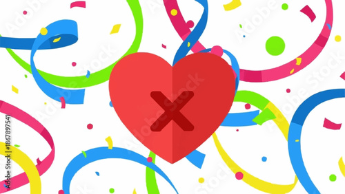 Red heart symbol with a red cross inside surrounded by colorful confetti and streamers.