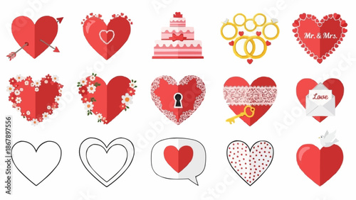 Collection of Valentines Day hearts and symbols for love.