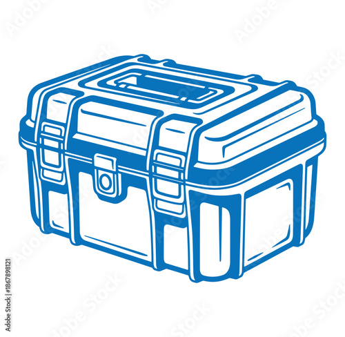 Blue outlined illustration of a durable plastic toolbox with secure latches and handle detail