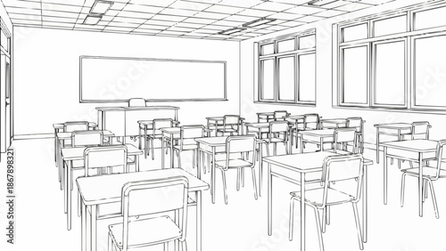 Empty Classroom Sketch with Desks Chairs and Whiteboard.