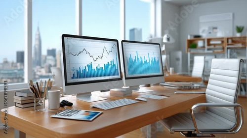 Wallpaper Mural Office Dynamics: Inside a modern office space, a bright desk hosts two monitors displaying financial charts, with natural light illuminating the scene. A study of workplace Torontodigital.ca