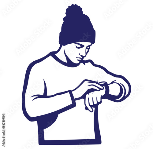 Illustration of a person checking the time wearing a beanie isolated on white background