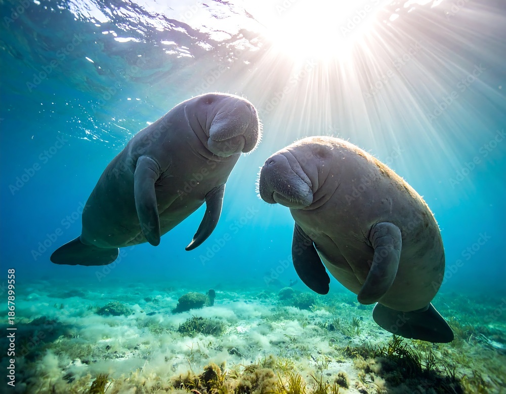 Naklejka premium Two gentle manatees swim gracefully underwater, sun rays shining