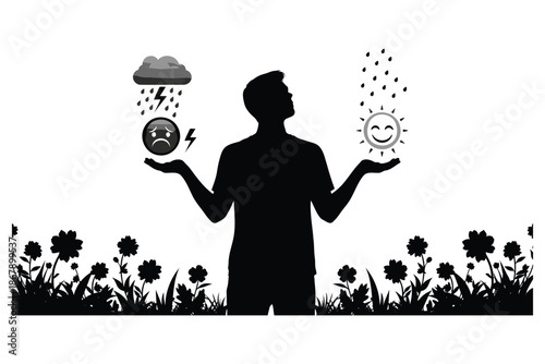 man in silhouette standing in a field with flowers holding sunny and rainy weather symbols in his hands