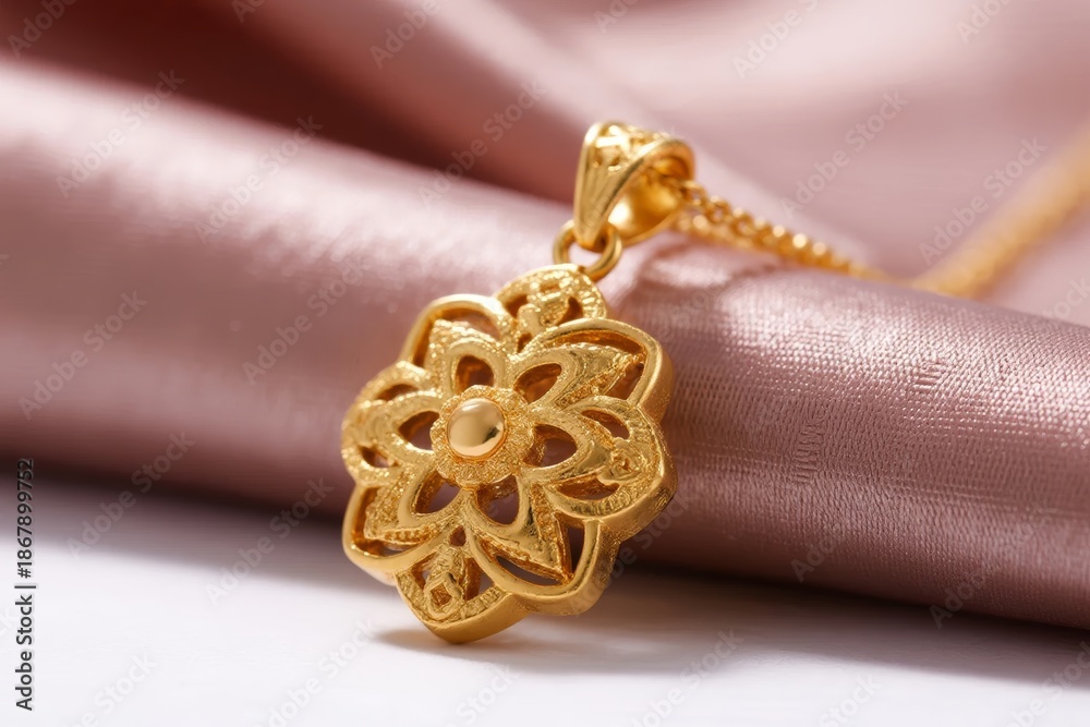 Obraz premium Golden floral pendant resting on a soft pink fabric background