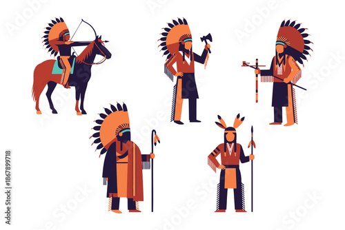 Native American people in traditional clothing and headdresses with various accessories  warriors on horseback and on foot