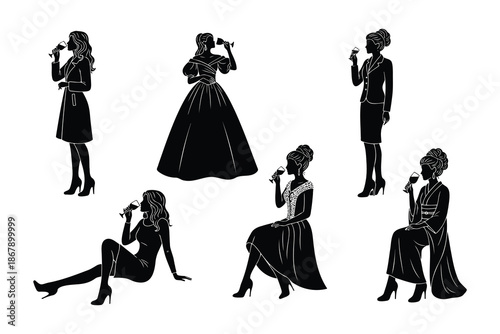 set of women in various poses drinking champagne  celebrating enjoying relaxed