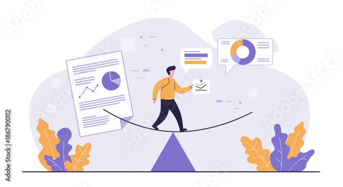 Man Balancing on Tightrope with Charts.