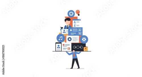 Man Carrying Pile of Digital Devices.