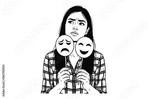 woman holding two emoticon faces looking conflicted and indecisive about her emotions