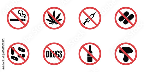 Say No to Drugs Black Silhouette Icons Representing No Smoking, No Alcohol, No Pills, Addiction Warning, Forbidden Pictograms, Red Stop Symbol for Anti-Drug Campaigns.
