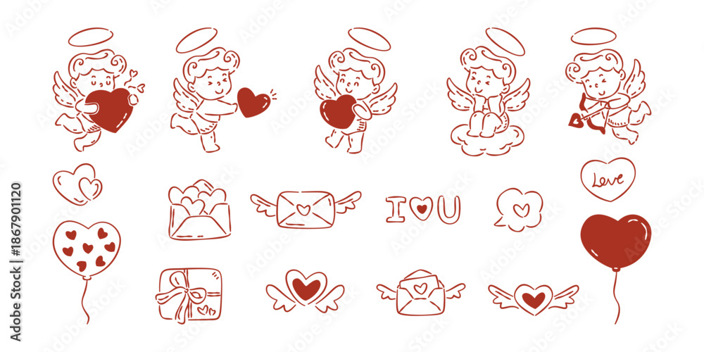 Fototapeta premium Hand-drawn Cupid, angel, hearts, letter, and balloon doodles set for Valentine's Day. Love theme icon collection in red and white.
