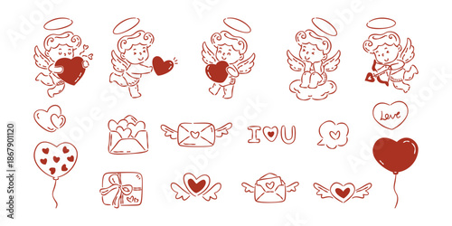 Hand-drawn Cupid, angel, hearts, letter, and balloon doodles set for Valentine's Day. Love theme icon collection in red and white.