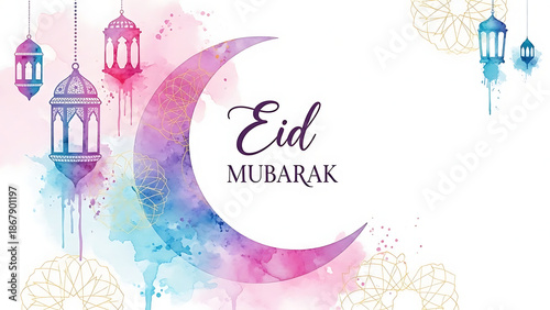 Vibrant watercolor Eid Mubarak greeting with crescent moon and hanging lanterns, celebrating Islamic festivity with artistic splashes and luminous patterns