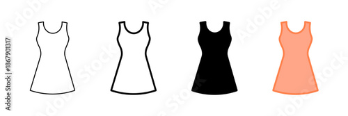 Set of minimalist dress icons with transparent background, depicting fashion apparel, women's clothing, retail, and e-commerce symbols, vector illustration