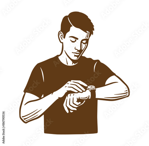 Young man checking time on wristwatch illustrated monochrome vector graphic design