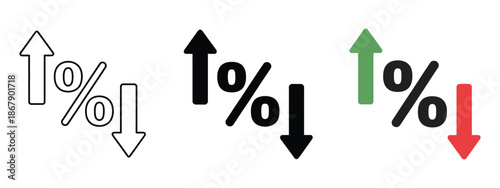 Percentage Growth and Decline Icons with Up and Down Arrows in Flat and Line Style, Representing Financial, Business, and Statistical Analytics, Vector Illustration for Reports and Dashboards.