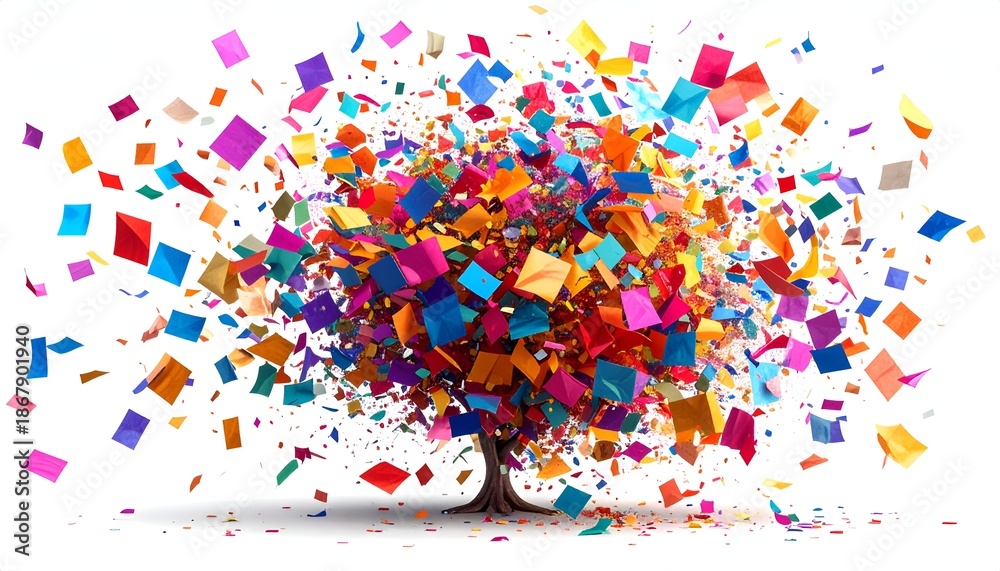 Obraz premium Tree-shaped explosion of colorful confetti against a white background