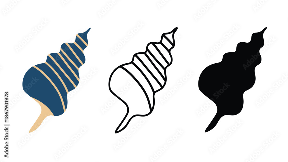Fototapeta premium Seashell illustrations in blue, black, and white