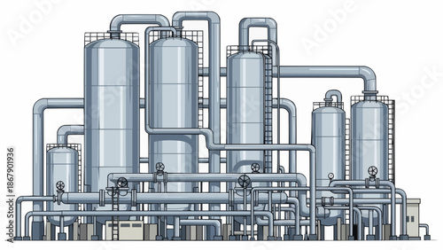 Industrial chemical processing plant with complex piping and tanks.