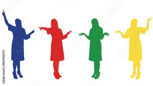 Four women in colorful silhouettes gesturing dynamically