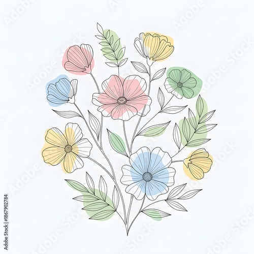 Delicate floral arrangement with pastel watercolor washes and fine line drawings on a white background.