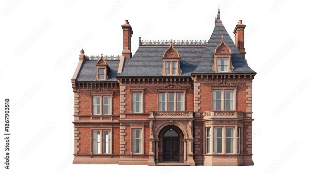 Fototapeta premium Beautiful red brick mansion with gray roof isolated on transparent background