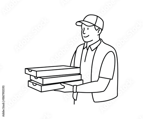 Line Drawing of Young Handsome Lumberjack in Work Uniform Carrying Wooden Boards, Depicting Forestry Worker, Wood Processing, Outdoor Labor, and Professional Craftsmanship Vector Illustration.