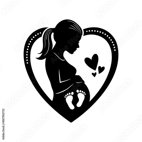 Pregnant Woman Silhouette Holding Belly with Heart and Baby Footprints