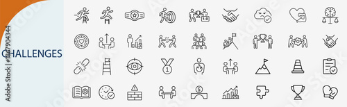 business challenges icon set, goal achievement and problem solving icons
