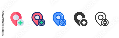 Hospital Location icon multiple style collection. Vector illustration.