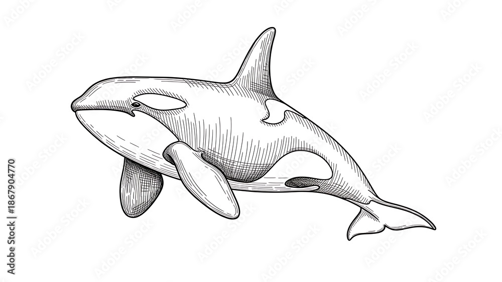 Fototapeta premium Orca illustration on white showing detailed monochrome artwork