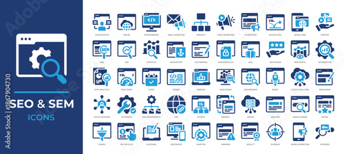 SEO and SEM icons set illustrating optimization, marketing, analytics, web ranking and more. Ideal for digital marketing, website dashboards, and content promotion projects.