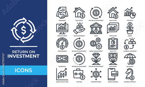 Return On Investment icons set collection. Perfect for business reports, financial dashboards, trading apps, and marketing presentations.