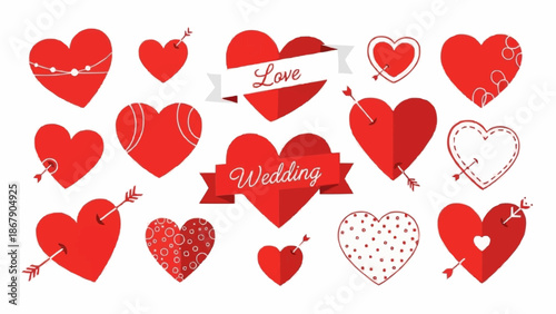 Collection of red hearts with arrows and ribbons for wedding and love themes.