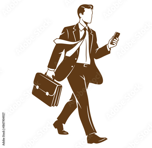 Businessman walking confidently with briefcase and smartphone in hand ready to succeed