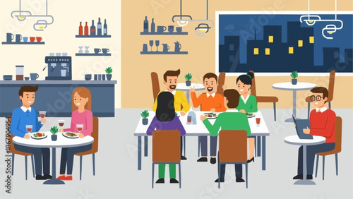 Diverse group of people enjoying a meal together at a restaurant.