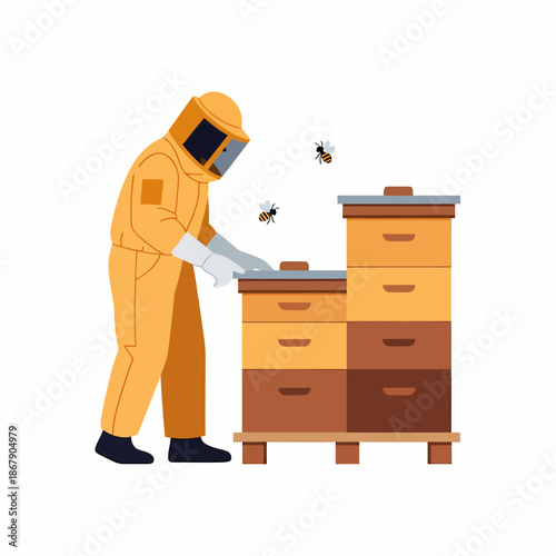 Beekeeper Inspecting Beehive Wearing Protective Suit.