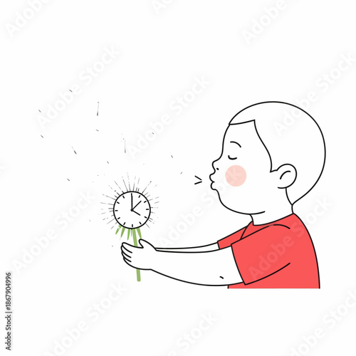 Boy Blowing on Dandelion Seeds.