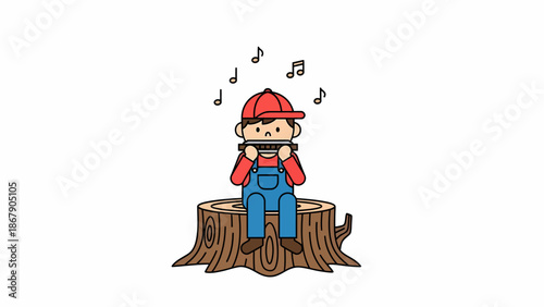 Cartoon Character Sitting on Tree Stump Singing.
