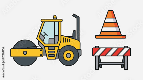 Construction site elements including a yellow road roller traffic cone and a red and white striped safety barrier illustration set