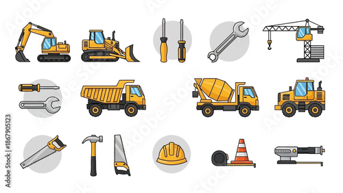 Collection of yellow construction vehicles and essential building hand tools displayed as flat graphic icons for development projects