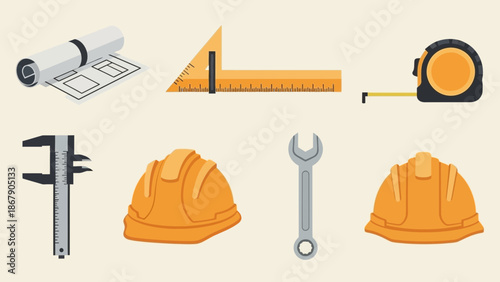 Collection of essential construction and engineering tools including safety hard hats blueprints measuring devices and a silver wrench
