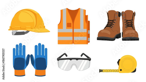 Collection of essential personal protective equipment items including a hard hat safety vest boots gloves goggles and measuring tape