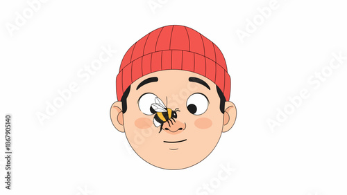 Cartoon Man Wearing Red Beanie Hat.